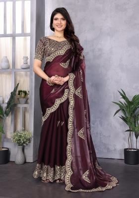Wine Embroidered Chiffon Saree Set