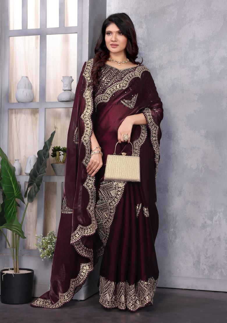 Wine Embroidered Chiffon Saree Set - Indya