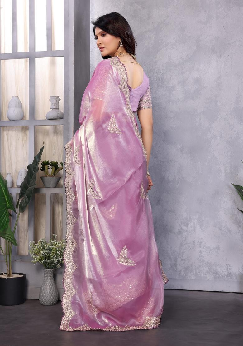 Lavender Embroidered Chiffon Saree Set - Indya