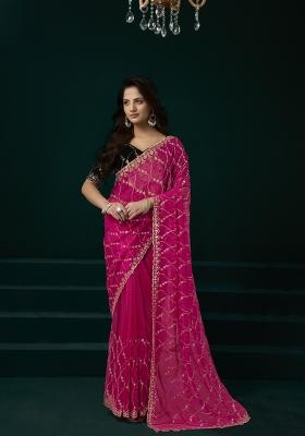 Pink Embroidered Net Saree Set