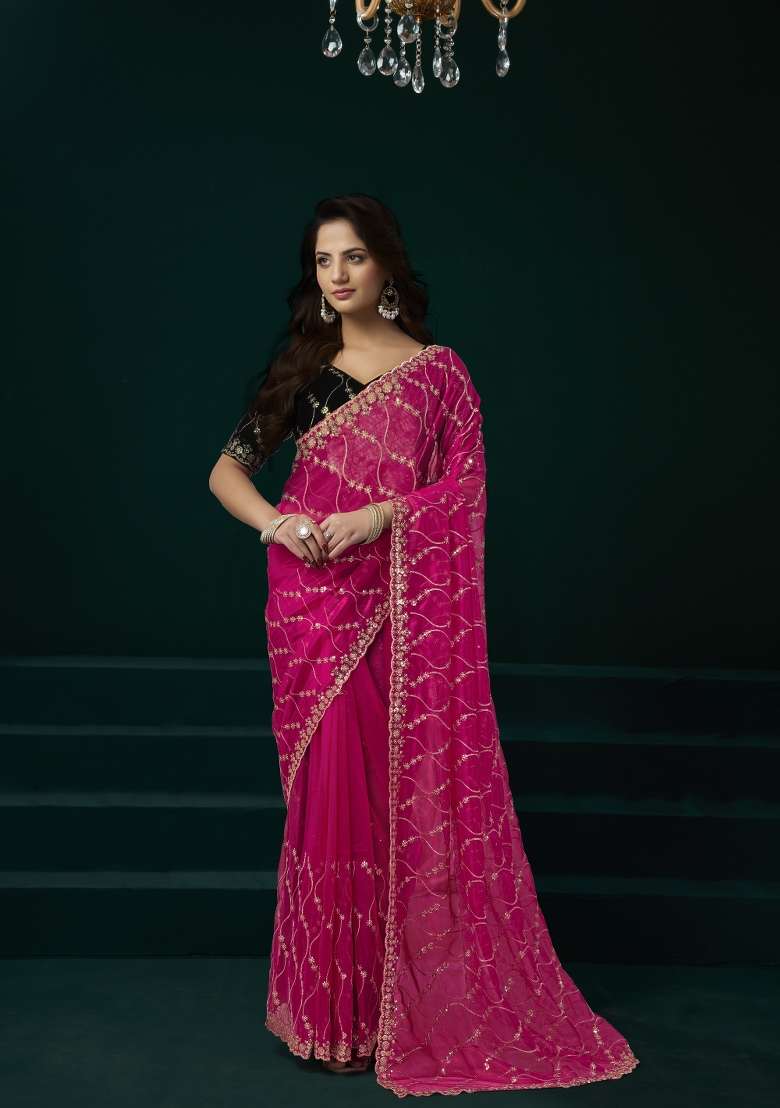 Pink Embroidered Net Saree Set for Diwali and Festive Wear - Indya