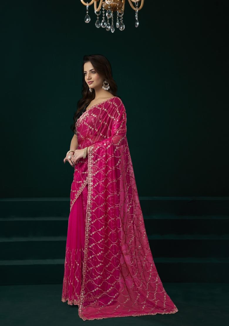 Pink Embroidered Net Saree Set - Indya