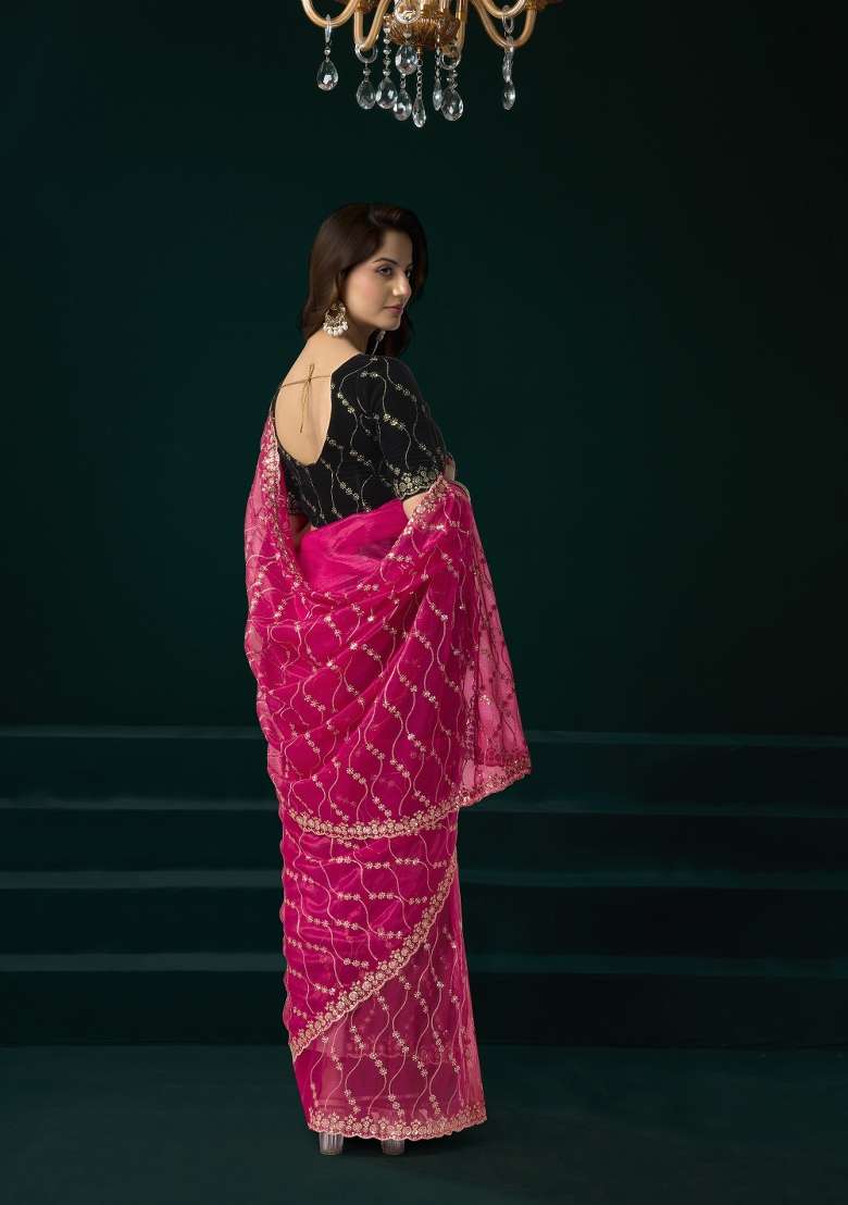 Pink Embroidered Net Saree Set for Diwali and Festive Wear - Indya
