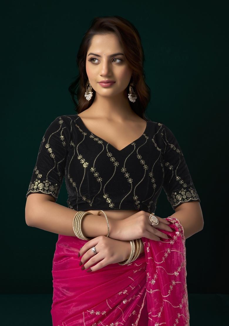 Pink Embroidered Net Saree Set - Indya