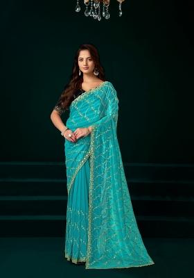 Turquoise Embroidered Net Saree Set