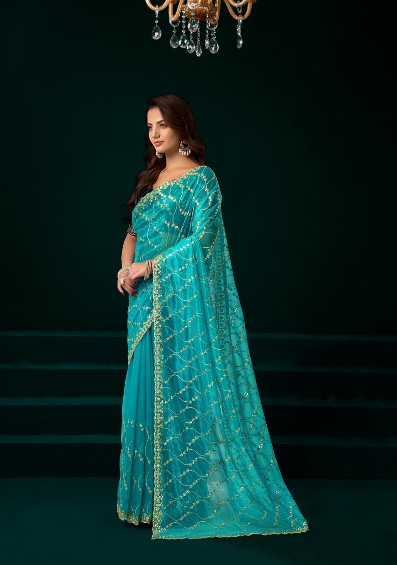 Turquoise Embroidered Net Saree Set - Indya