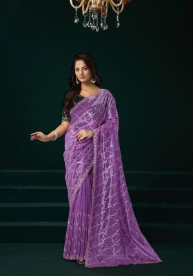 Lavender Embroidered Net Saree Set