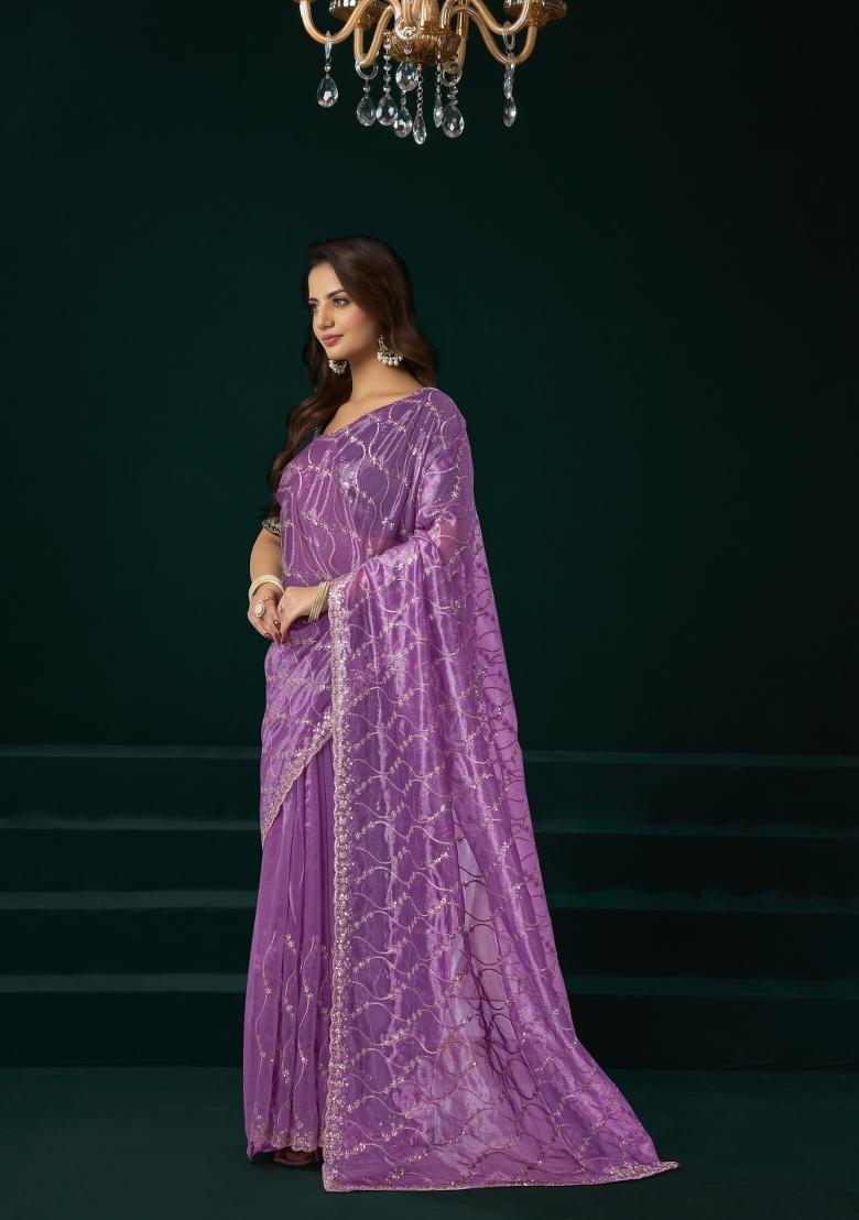Lavender Embroidered Net Saree Set - Indya