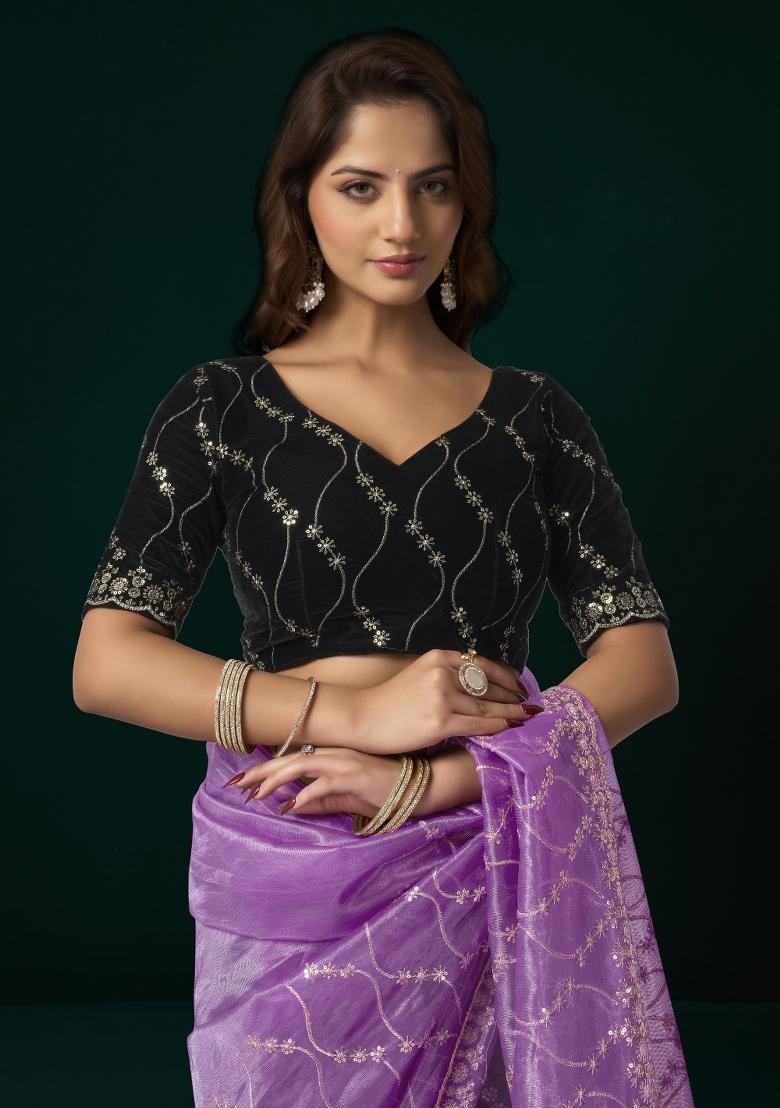 Lavender Embroidered Net Saree Set - Indya