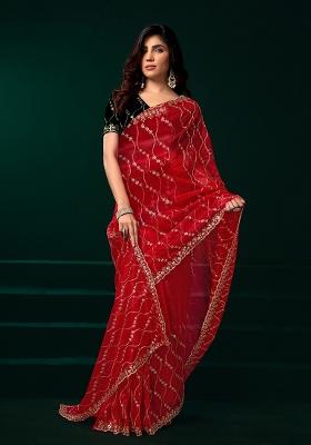 Red Embroidered Net Saree Set