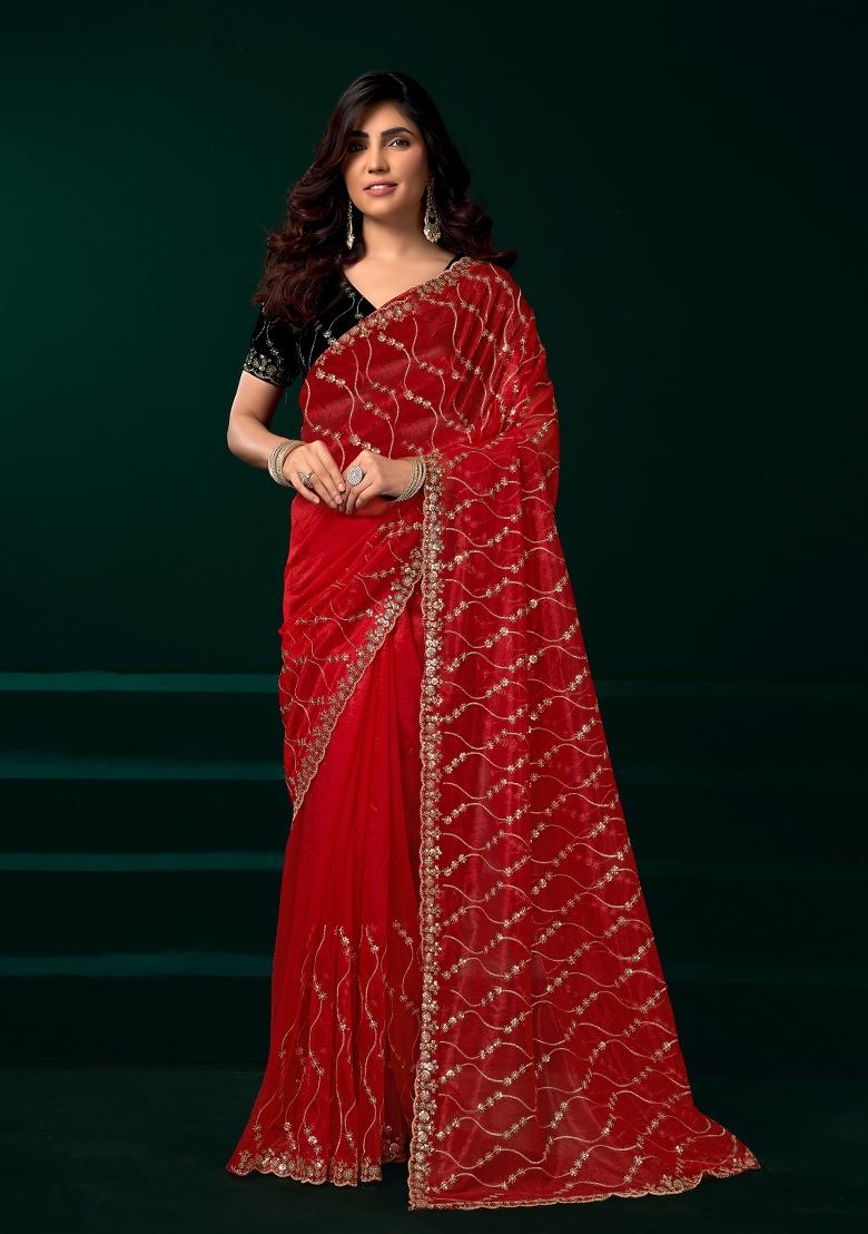 Red Embroidered Net Saree Set - Indya