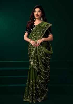 Green Embroidered Net Saree Set