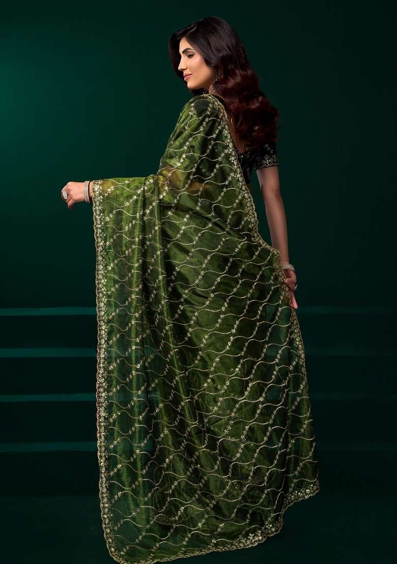 Green Net Saree Set with Embroidered for Diwali | Wedding & Festive Wear - Indya