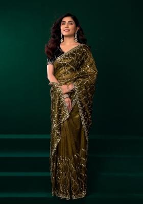 Mehendi Embroidered Net Saree Set