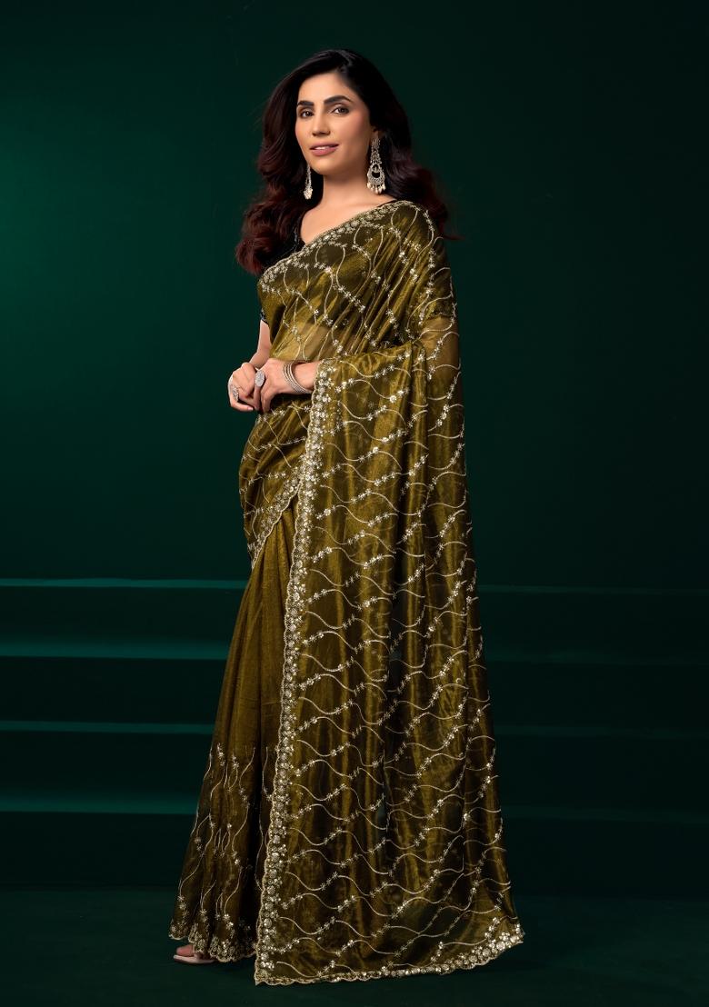 Mehendi Embroidered Net Saree Set - Indya