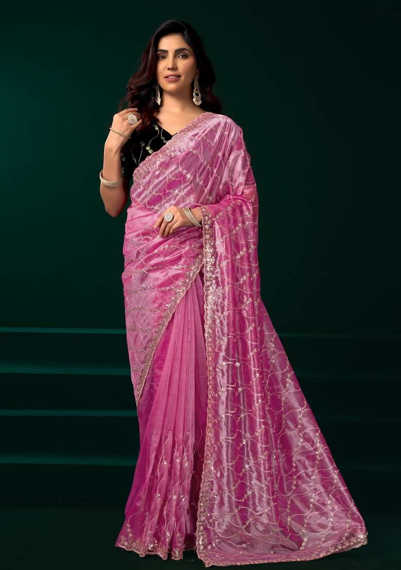Baby Pink Embroidered Net Saree Set for Diwali and Festive Wear - Indya