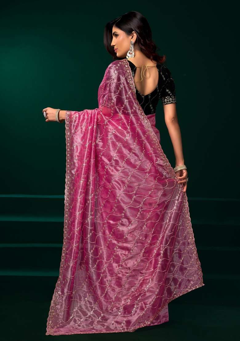 Baby Pink Embroidered Net Saree Set for Diwali and Festive Wear - Indya