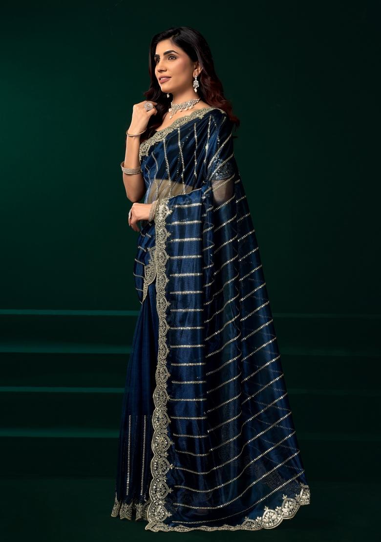 Blue Embroidered Net Saree Set - Indya