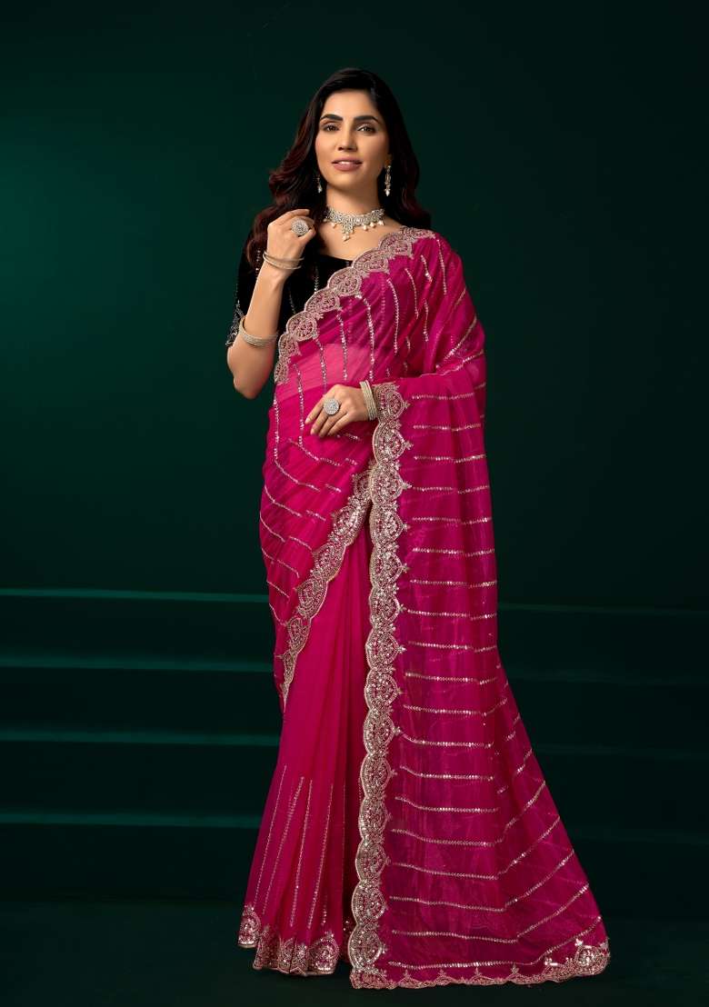 Rani Pink Net Saree Set with Embroidered for Diwali | Wedding & Festive Wear - Indya