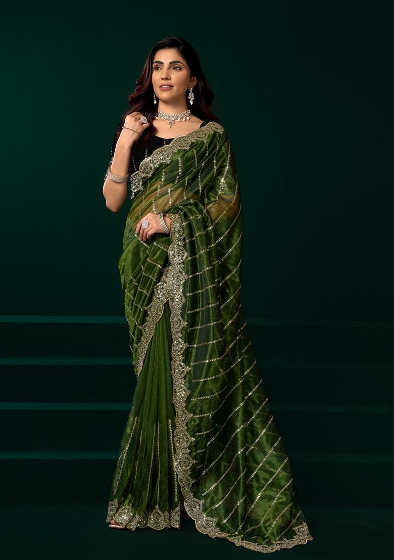 Green Embroidered Net Saree Set - Indya