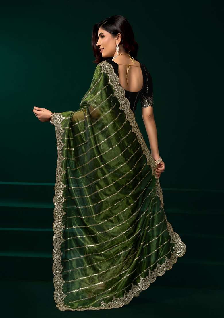 Green Net Saree Set with Embroidered for Diwali | Wedding & Festive Wear - Indya