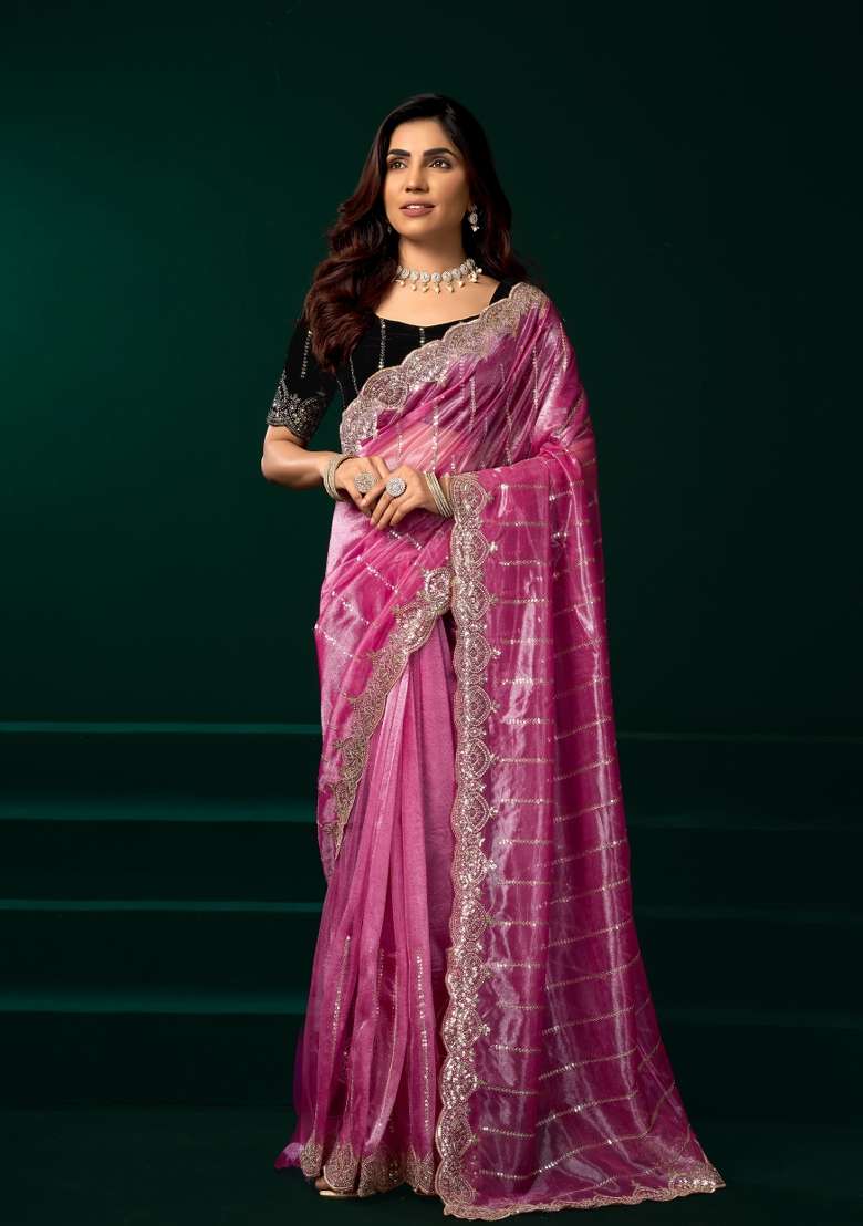 Pink Net Saree Set with Embroidered for Diwali | Wedding & Festive Wear - Indya