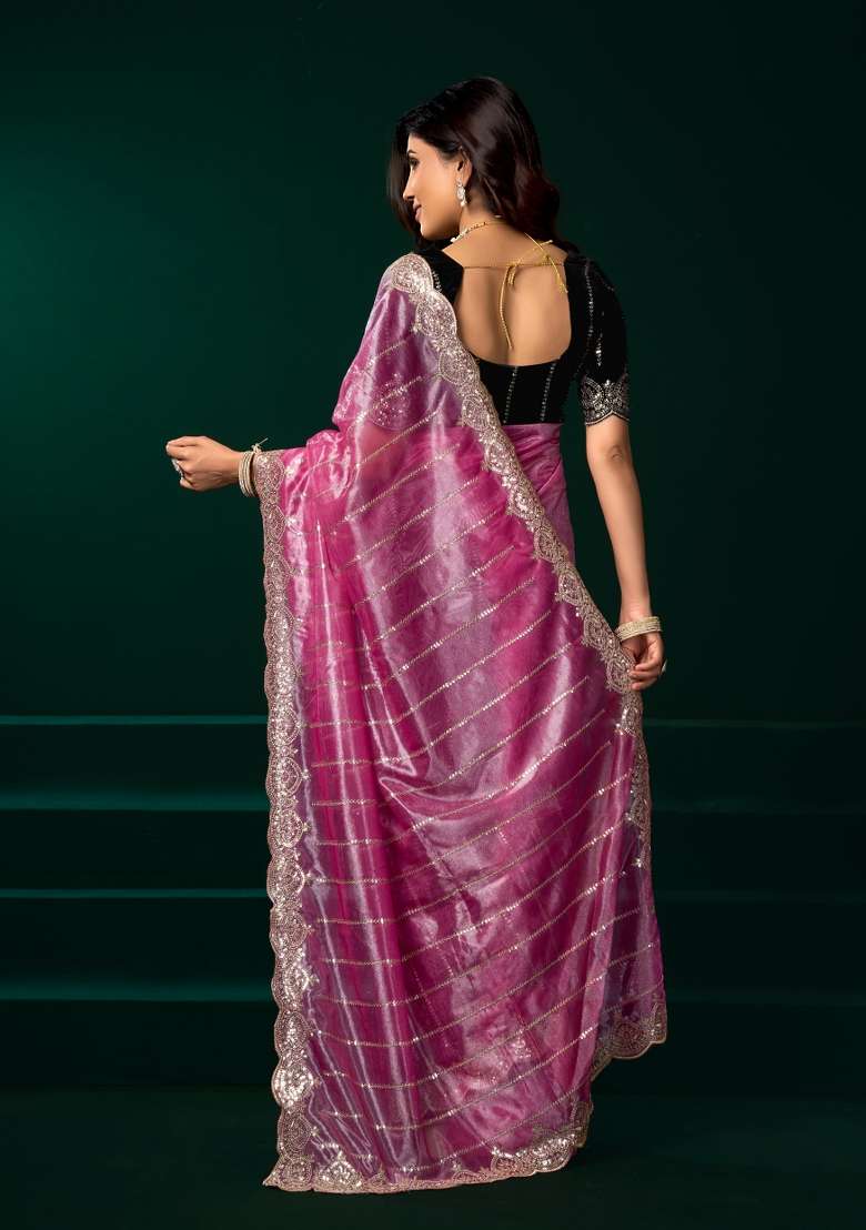 Pink Net Saree Set with Embroidered for Diwali | Wedding & Festive Wear - Indya