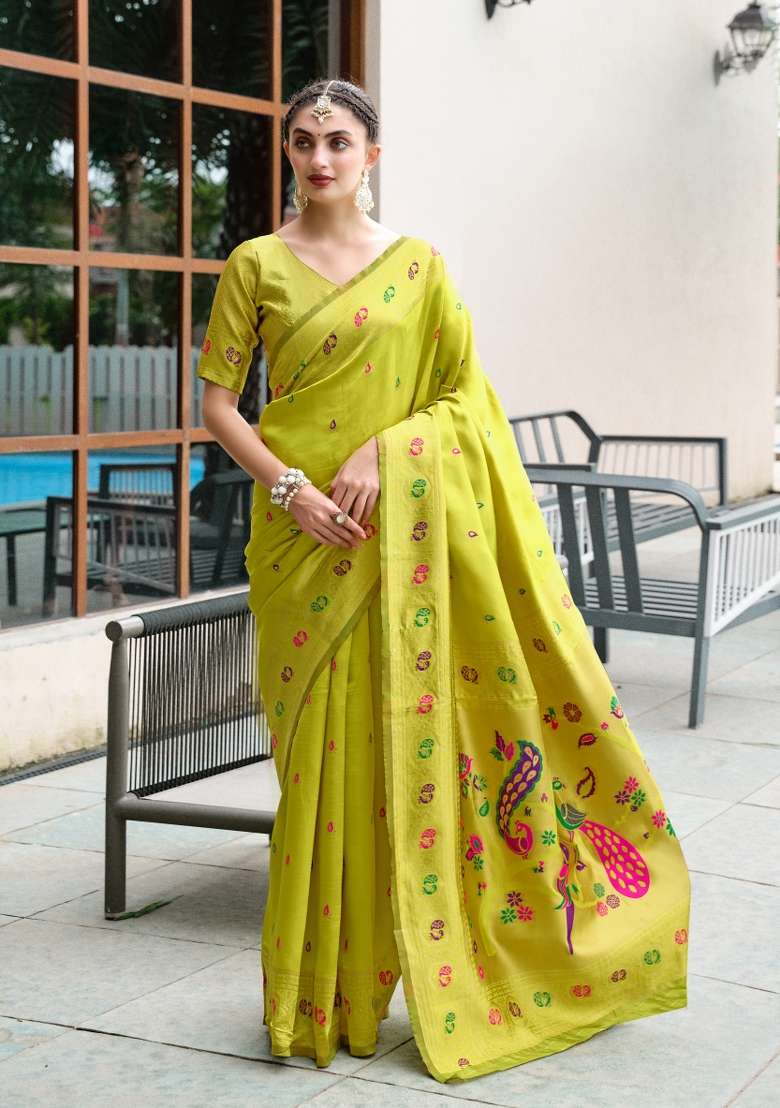 Parrot Green Woven Design Silk Blend Saree Set for Diwali | Wedding & Festive Wear - Indya