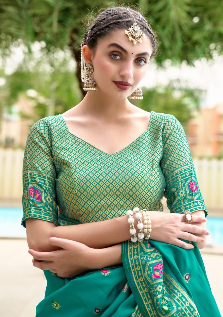 Teal Woven Design Silk Blend Saree Set - Indya