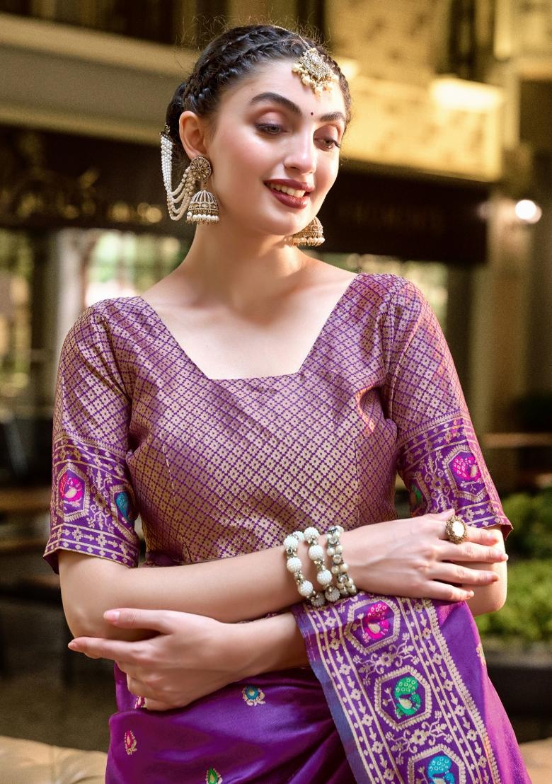 Purple Woven Design Silk Blend Saree Set - Indya