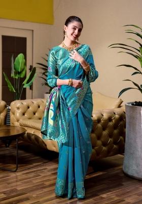 Aqua Blue Woven Design Silk Blend Saree Set