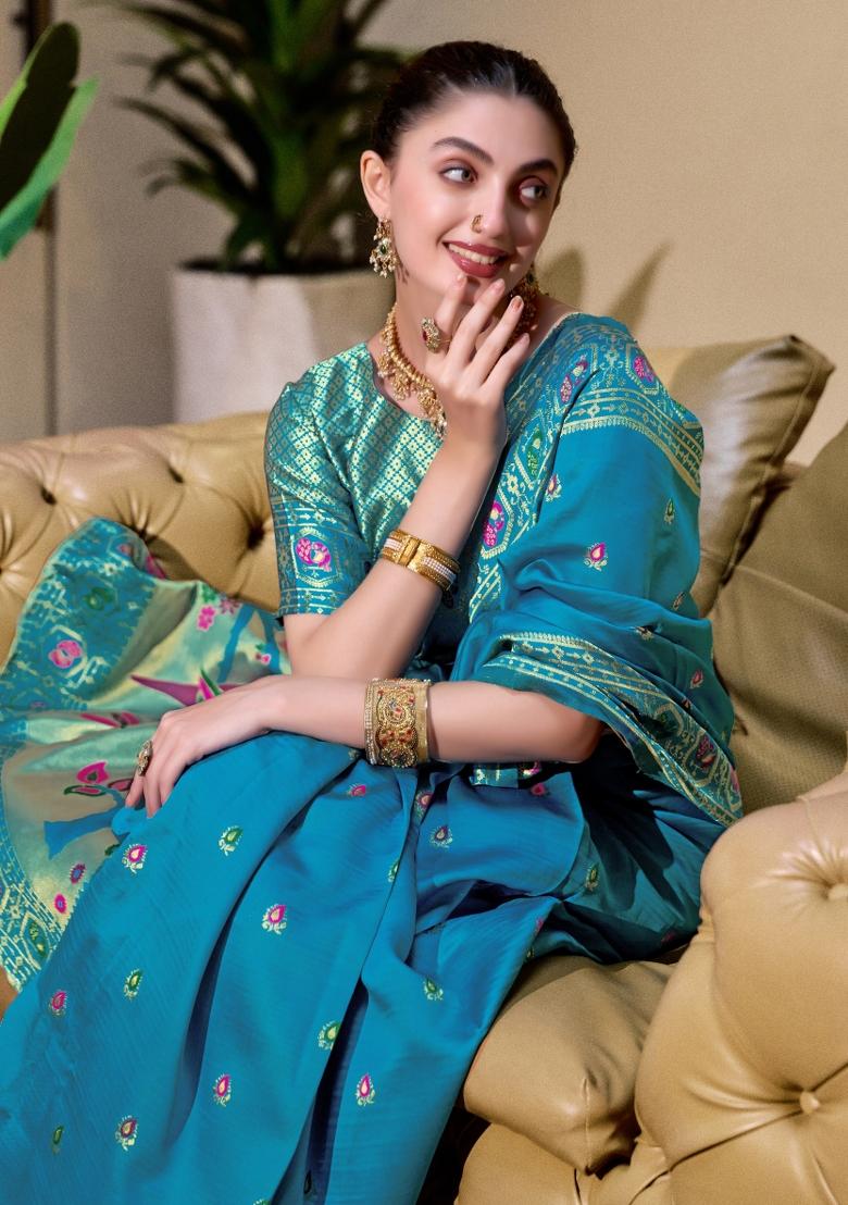 Aqua Blue Woven Design Silk Blend Saree Set - Indya