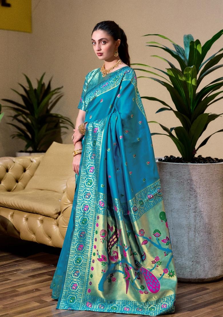 Aqua Blue Woven Design Silk Blend Saree Set - Indya