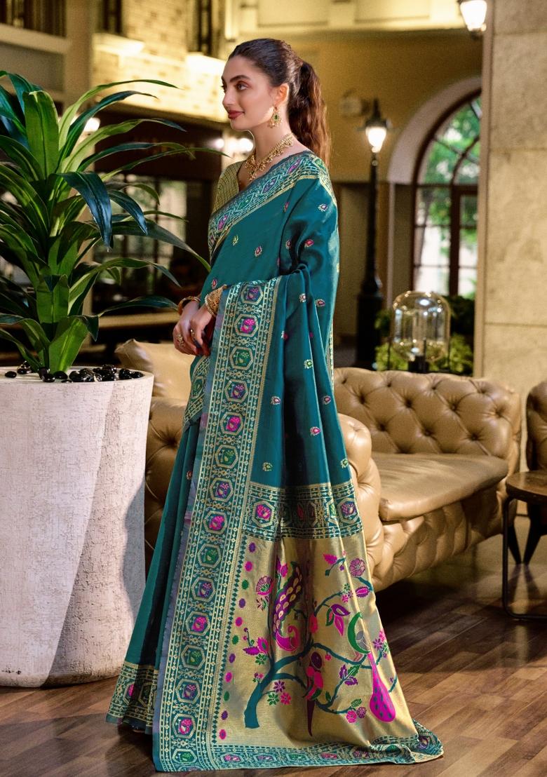 Turquoise Woven Design Silk Blend Saree Set - Indya