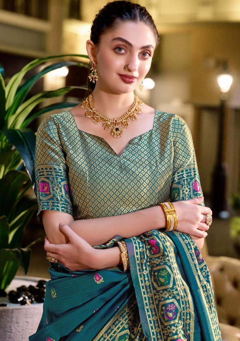 Turquoise Woven Design Silk Blend Saree Set - Indya