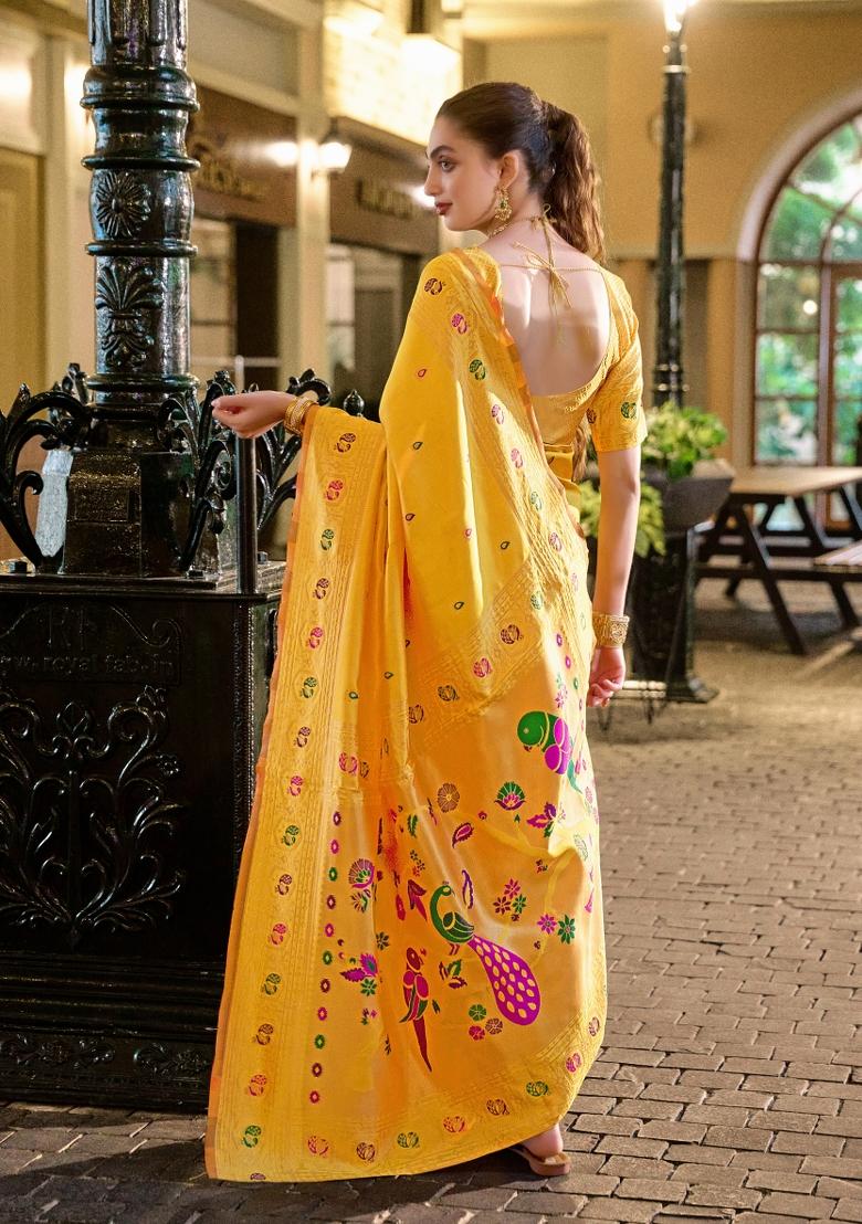 Yellow Woven Design Silk Blend Saree Set - Indya
