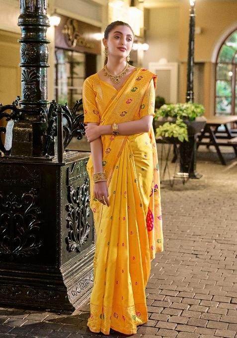 Yellow Woven Design Silk Blend Saree Set