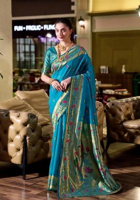 Aqua Blue Woven Design Silk Blend Saree Set