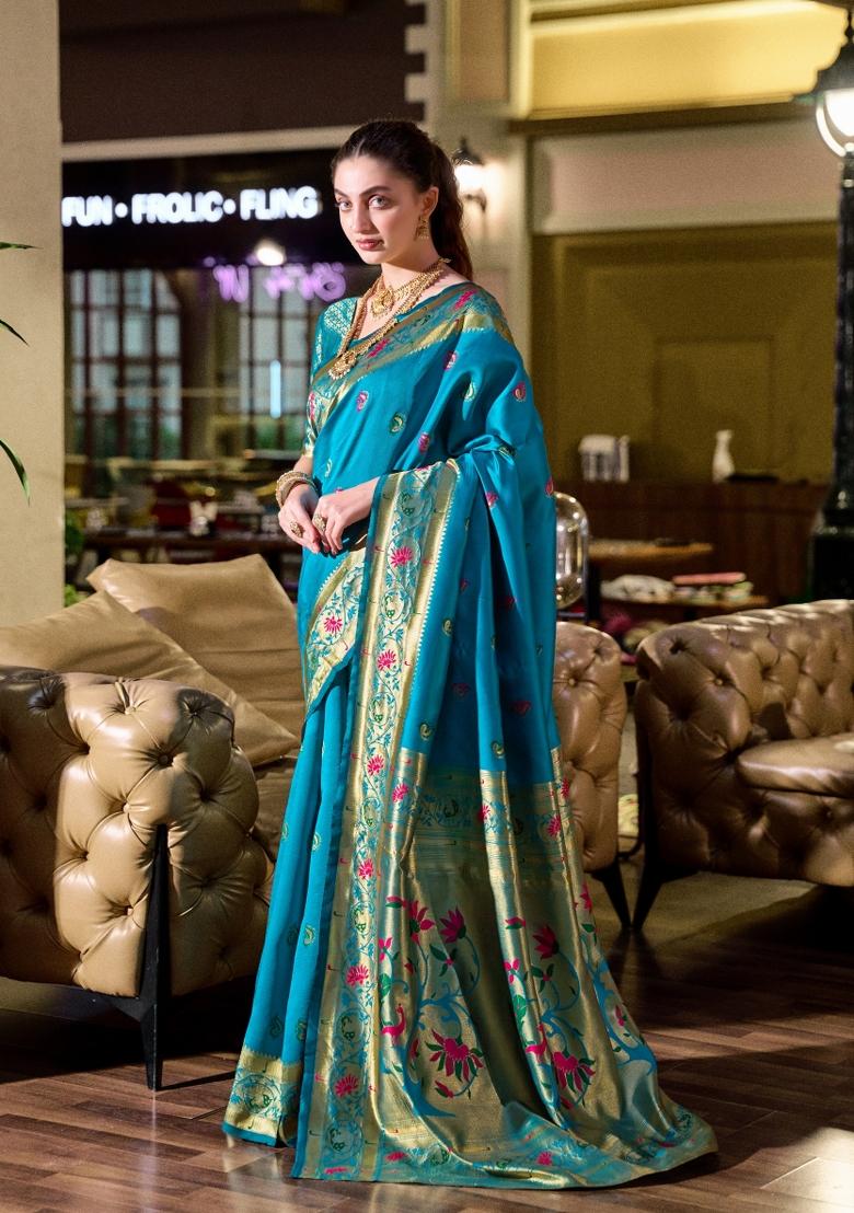 Aqua Blue Woven Design Silk Blend Saree Set - Indya