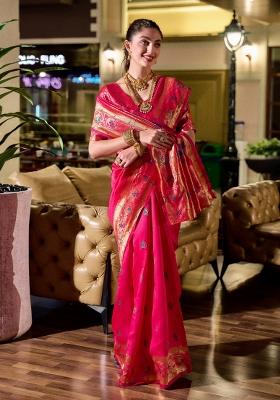 Rani Pink Woven Design Silk Blend Saree Set