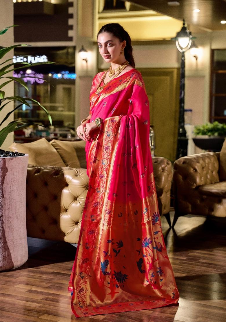 Rani Pink Woven Design Silk Blend Saree Set - Indya