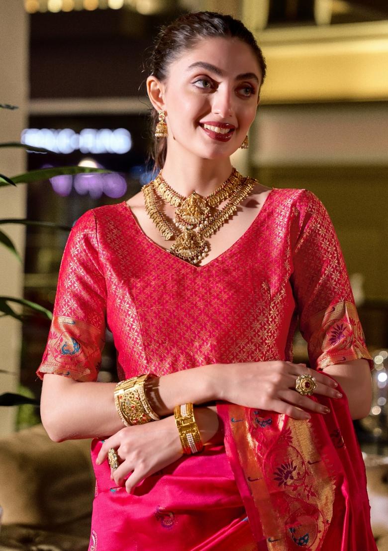 Rani Pink Woven Design Silk Blend Saree Set - Indya