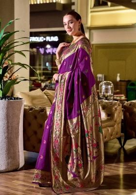 Purple Woven Design Silk Blend Saree Set