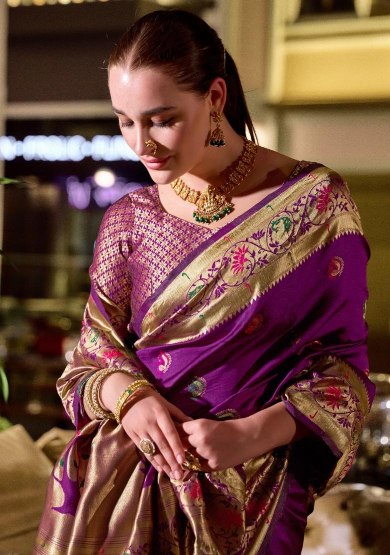 Purple Woven Design Silk Blend Saree Set - Indya