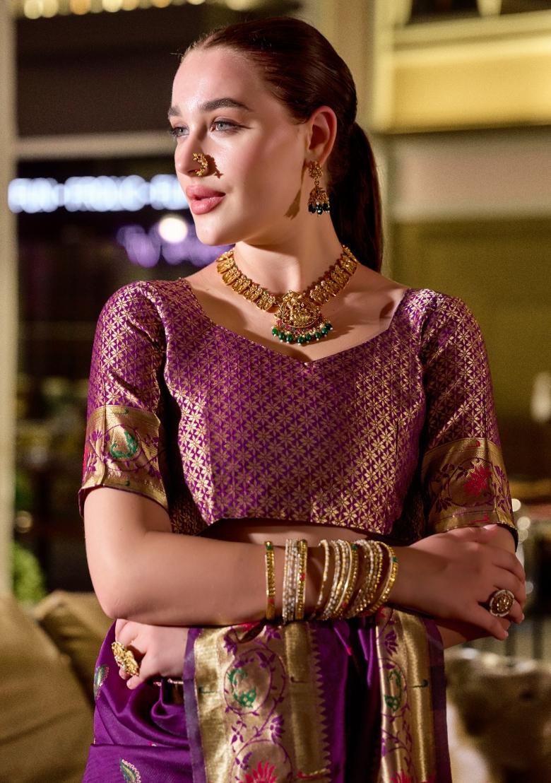 Purple Woven Design Silk Blend Saree Set - Indya