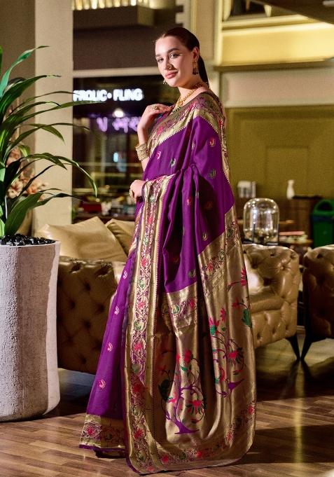 Purple Woven Design Silk Blend Saree Set