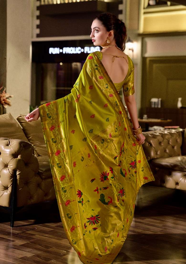 Parrot Green Woven Design Silk Blend Saree Set for Diwali and Festive Wear - Indya