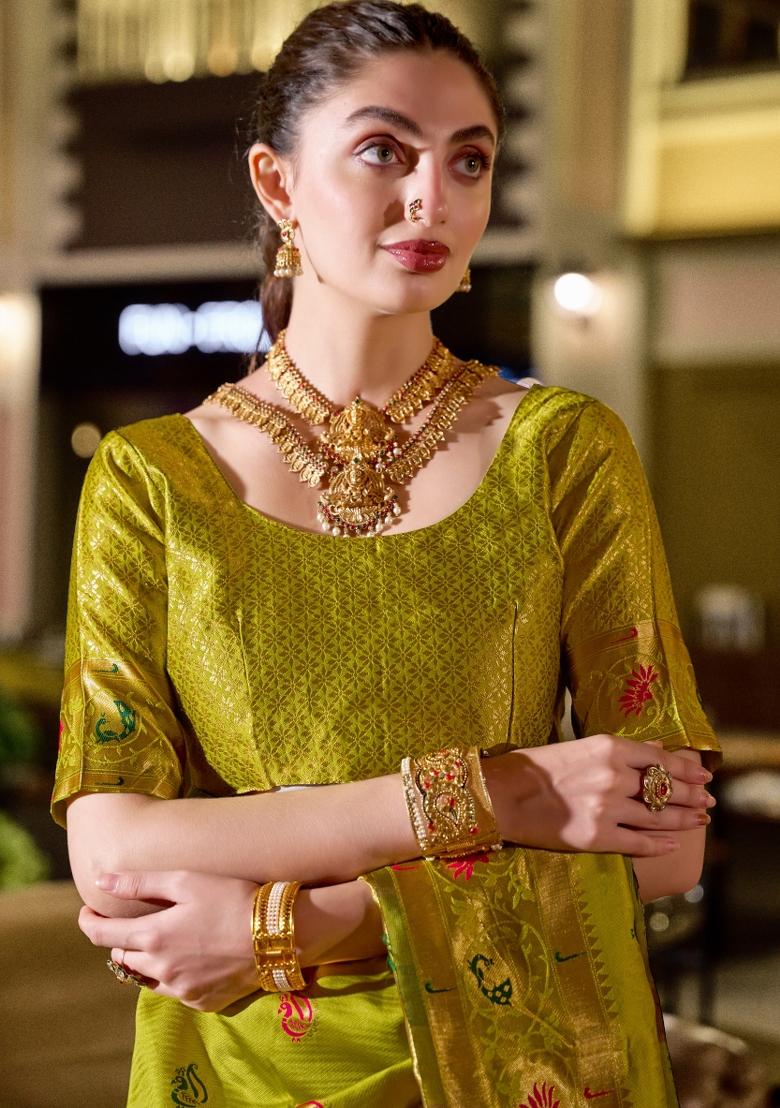 Parrot Green Woven Design Silk Blend Saree Set - Indya