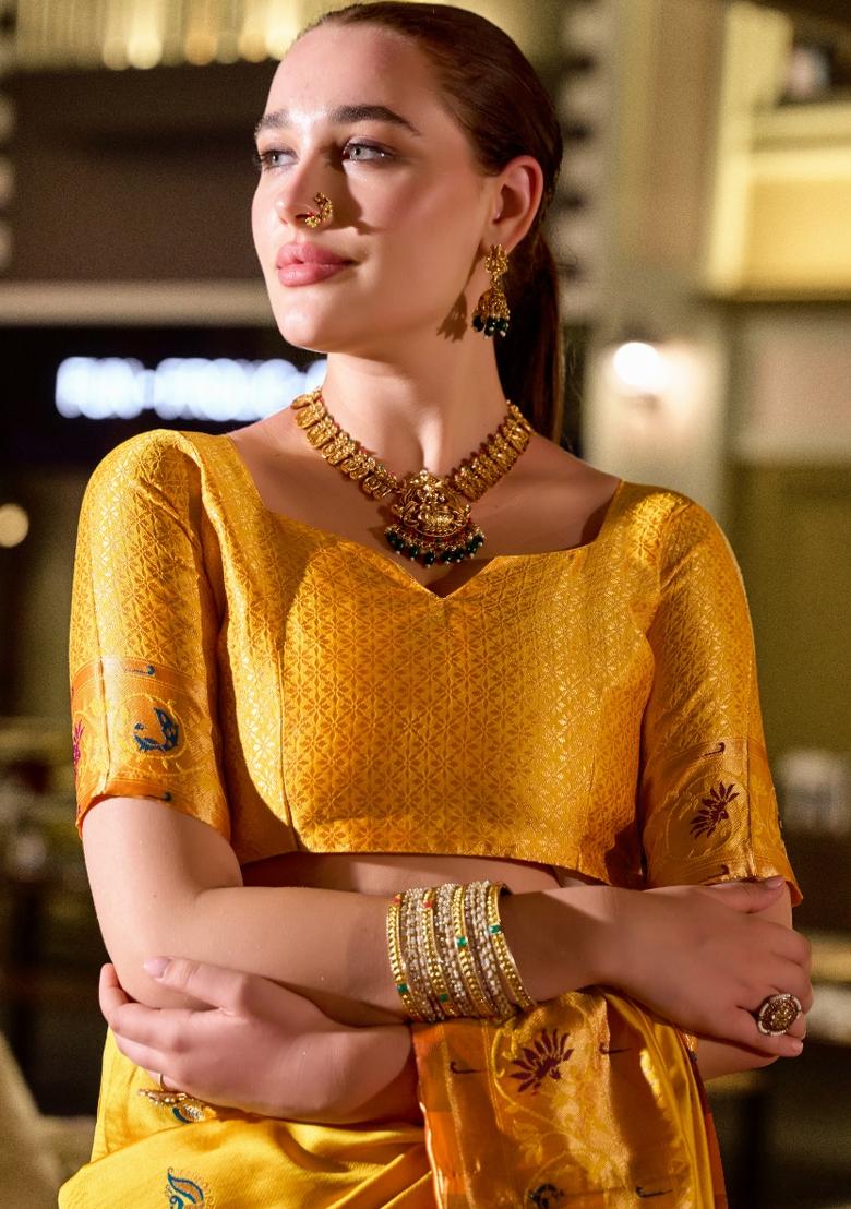 Yellow Woven Design Silk Blend Saree Set - Indya