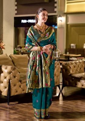 Turquoise Woven Design Silk Blend Saree Set